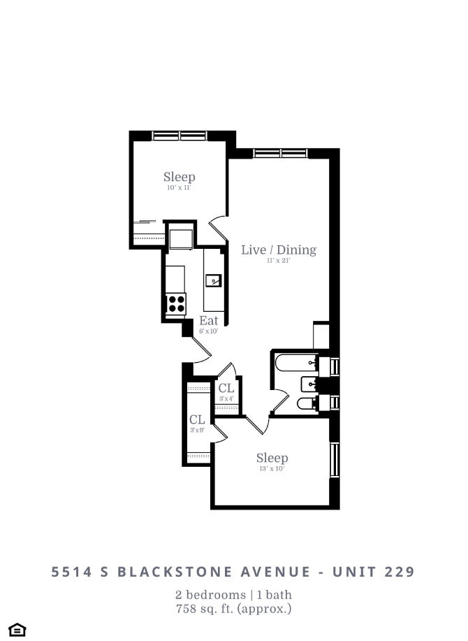 Floor plan for 2 beds, 1 bath, 731 sqft